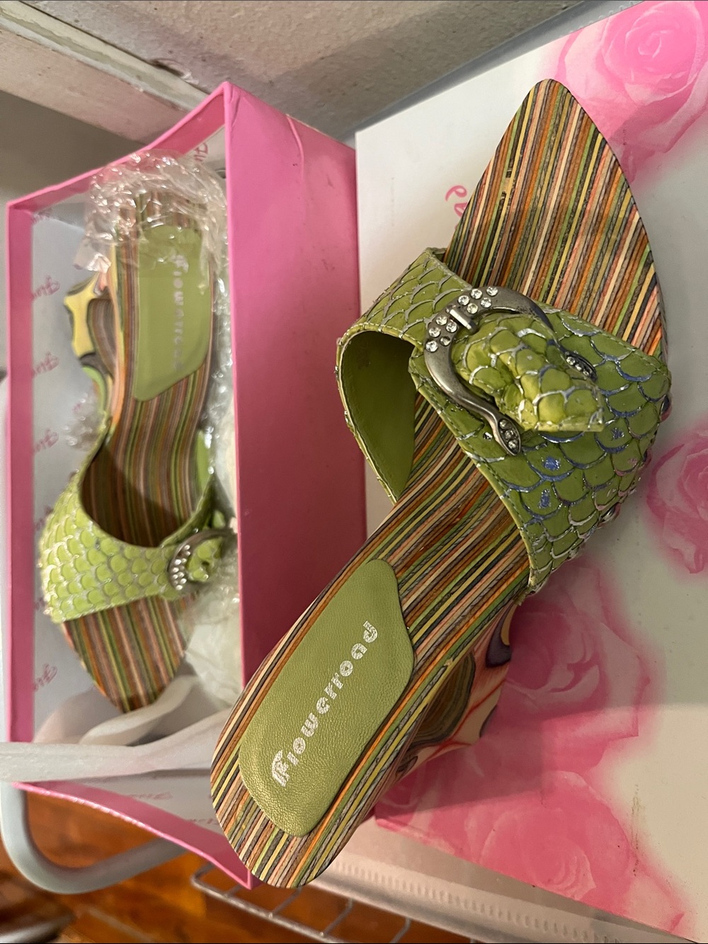 Chartreuse Scaled Slip-On Mule with Rhinestone Buckle